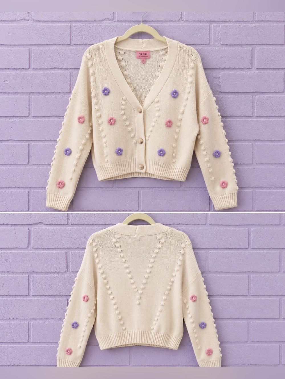 Francesca’s Mi Ami XL 3D Floral Bobble Knit Cardigan Cream Coquette Sweater - Picture 2 of 4